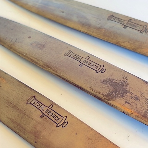 Antique Stahl Bronce Knives Germany Porcelain Brass Hand Painted Appetizer Fruit - Picture 4 of 7